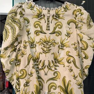 FARM Rio Green and Cream Botanical Embroidered Top